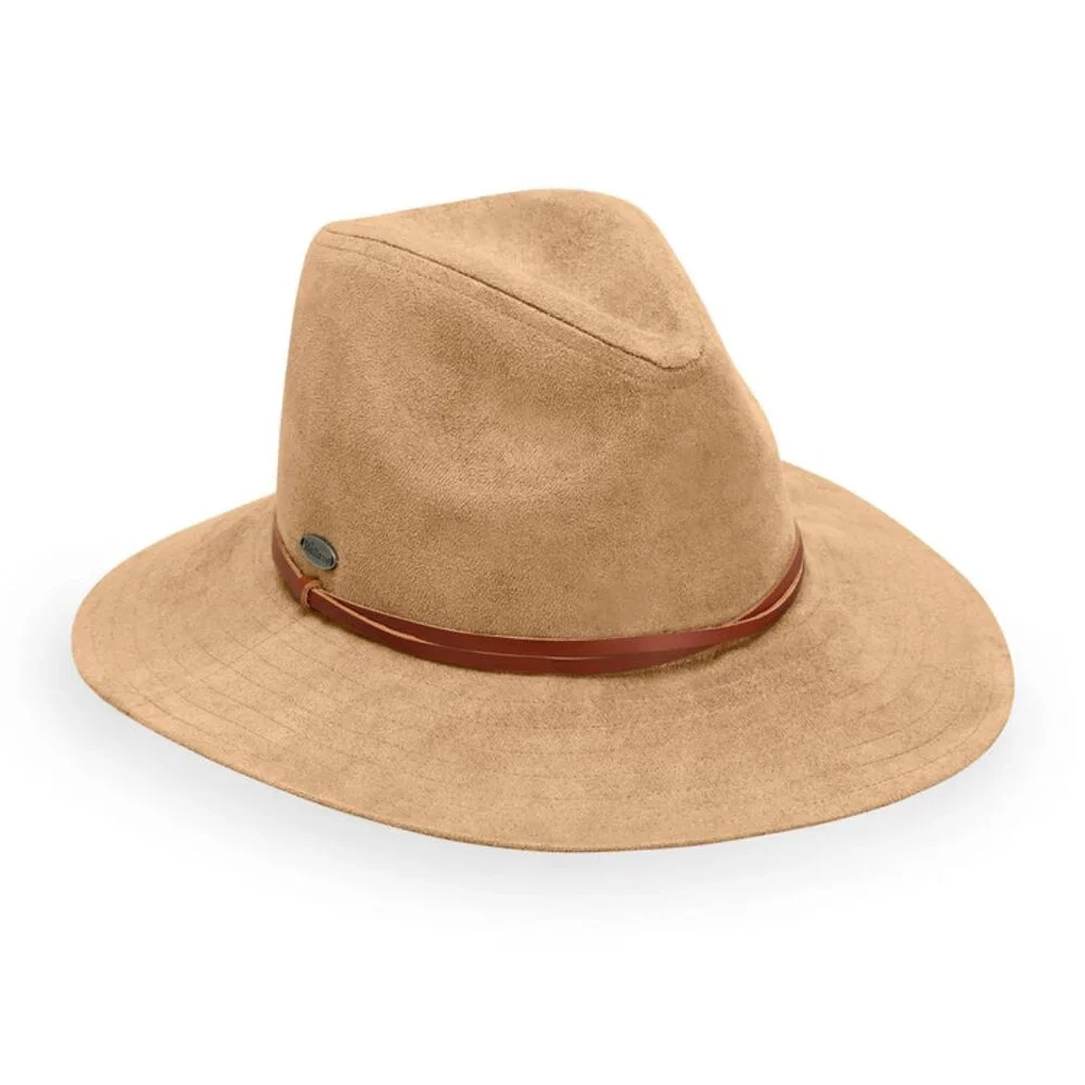 Wallaroo Hat Co Travel UPF 50+ Camel Tan Adjustable Faux Suede Telluride Fedora - Picture 1 of 4